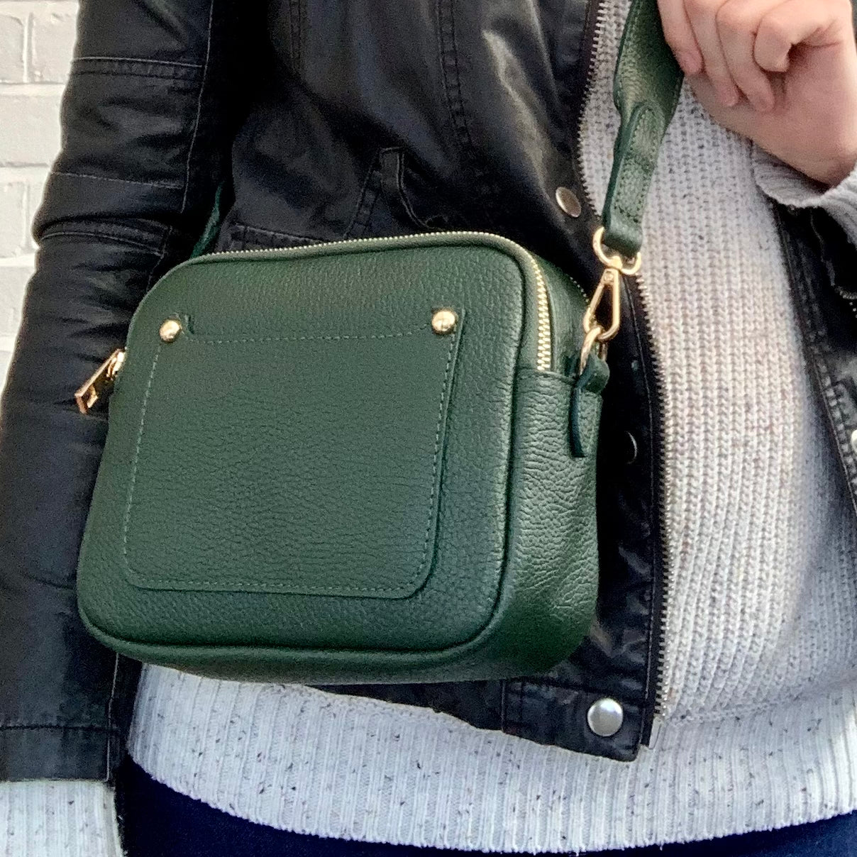 Dark Green Leather Double Zip Bag - Victoria