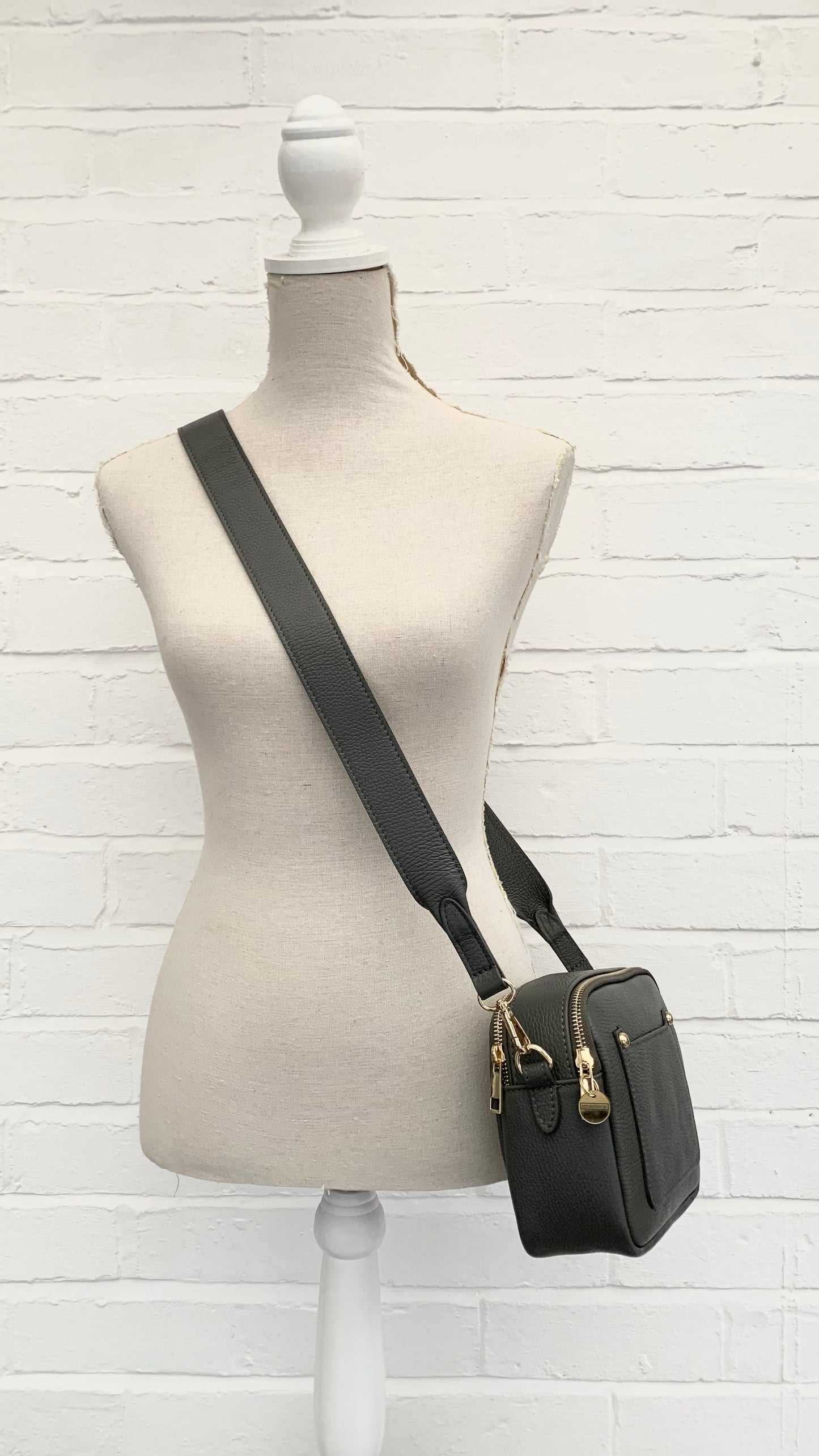 Dark Grey Leather Double Zip Bag - Victoria