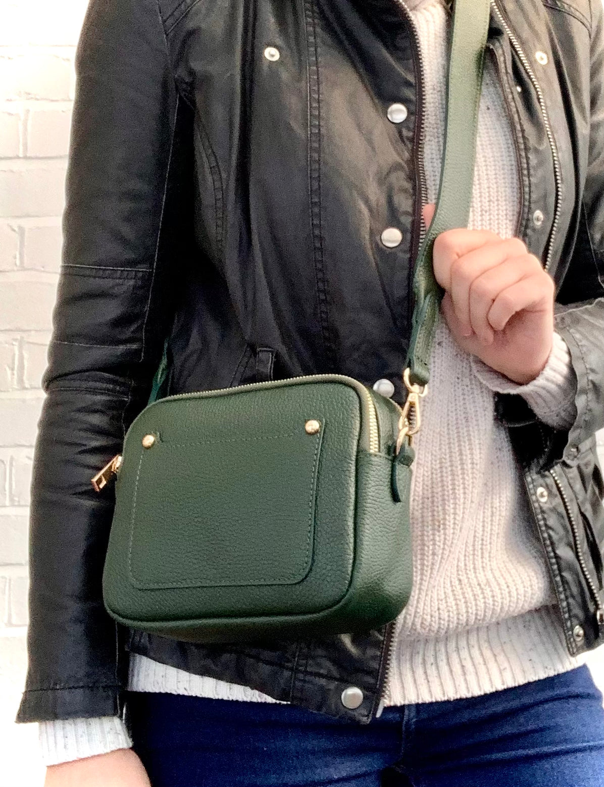 Dark Green Leather Double Zip Bag - Victoria