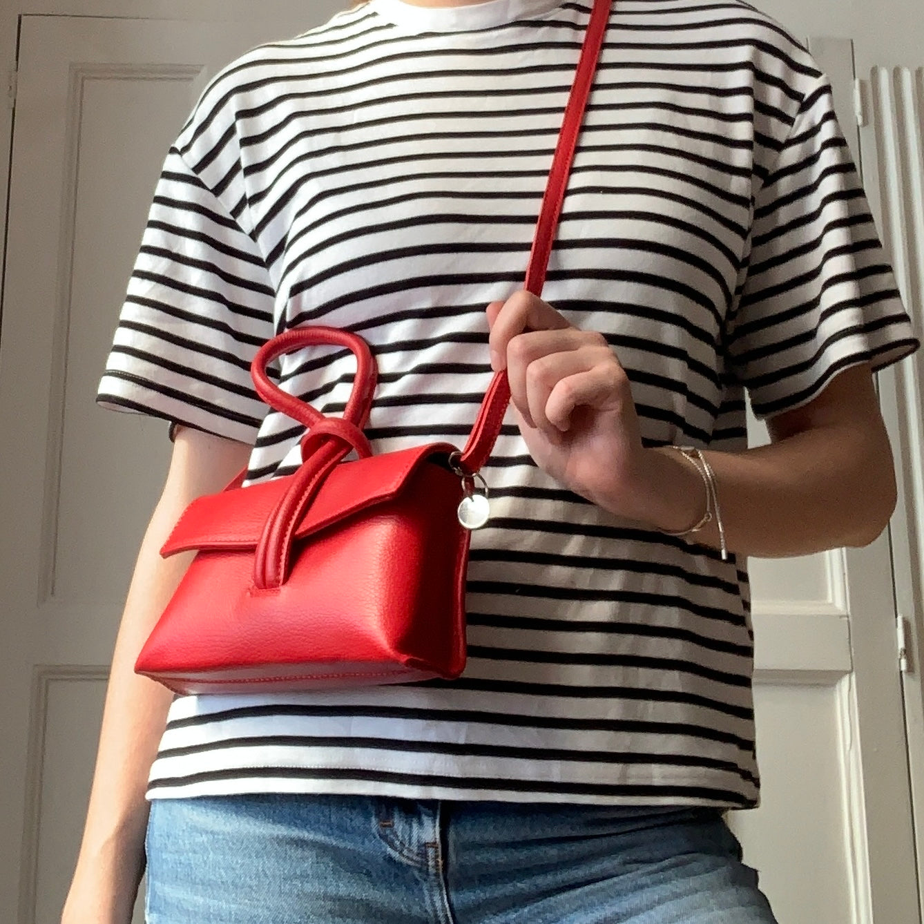 Red Leather Loop Handle Bag - Claris