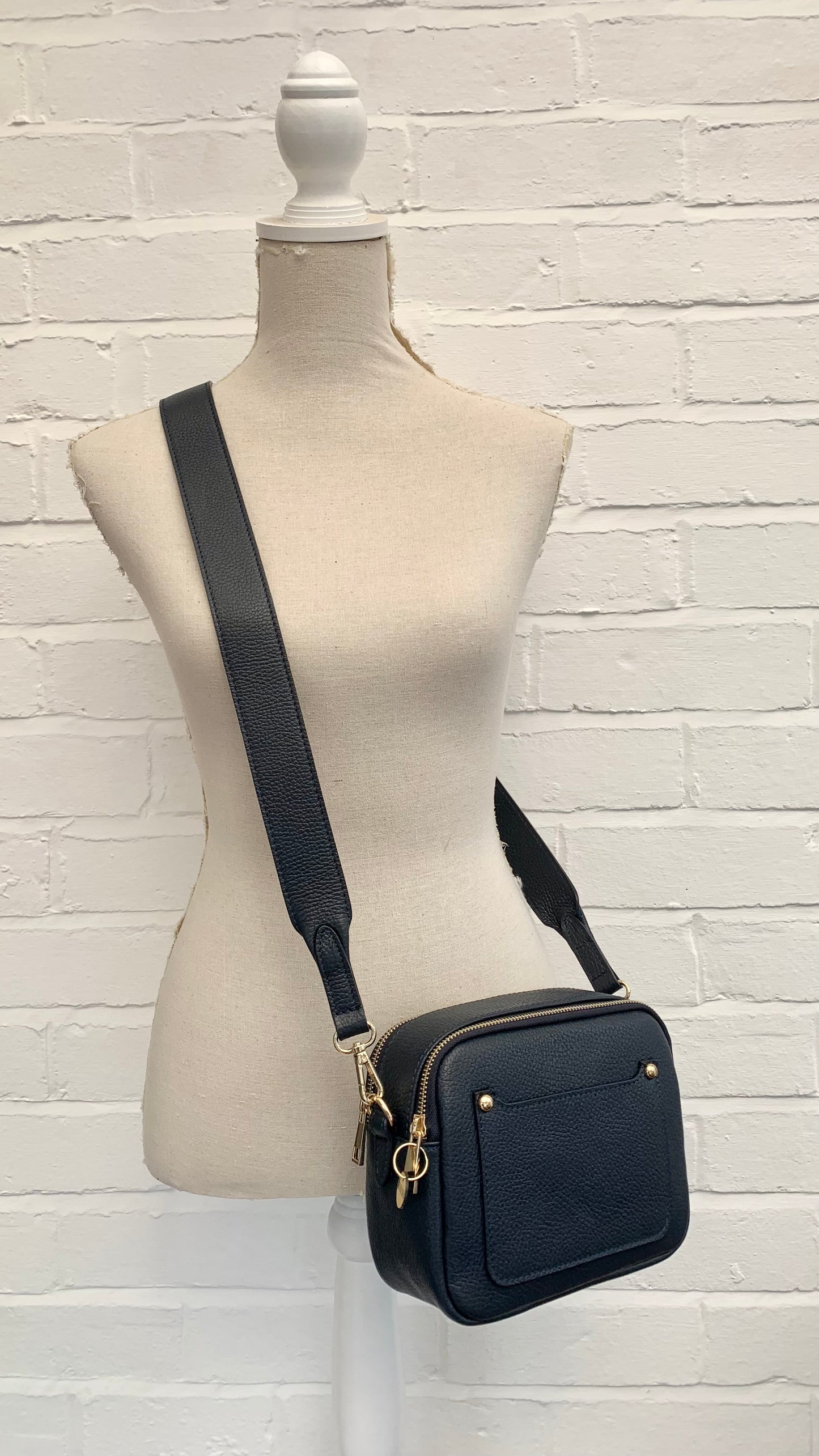 Navy Leather Double Zip Bag - Victoria