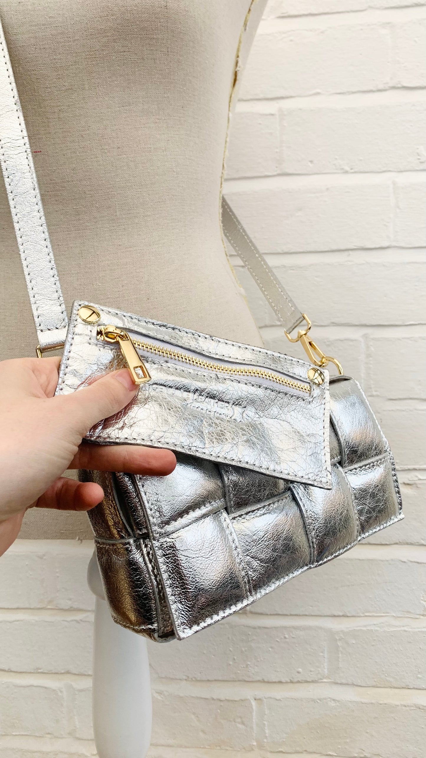 Silver Leather Weaved Bag - London