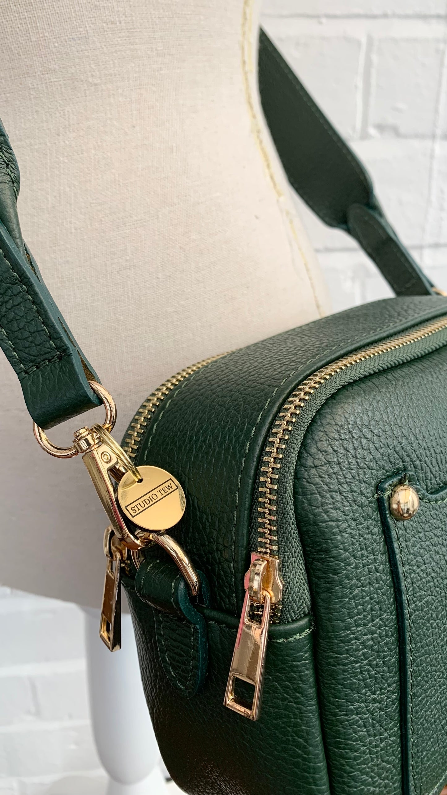 Dark Green Leather Double Zip Bag - Victoria