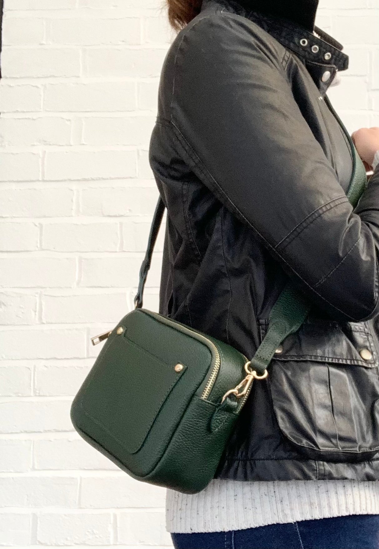 Dark Green Leather Double Zip Bag - Victoria