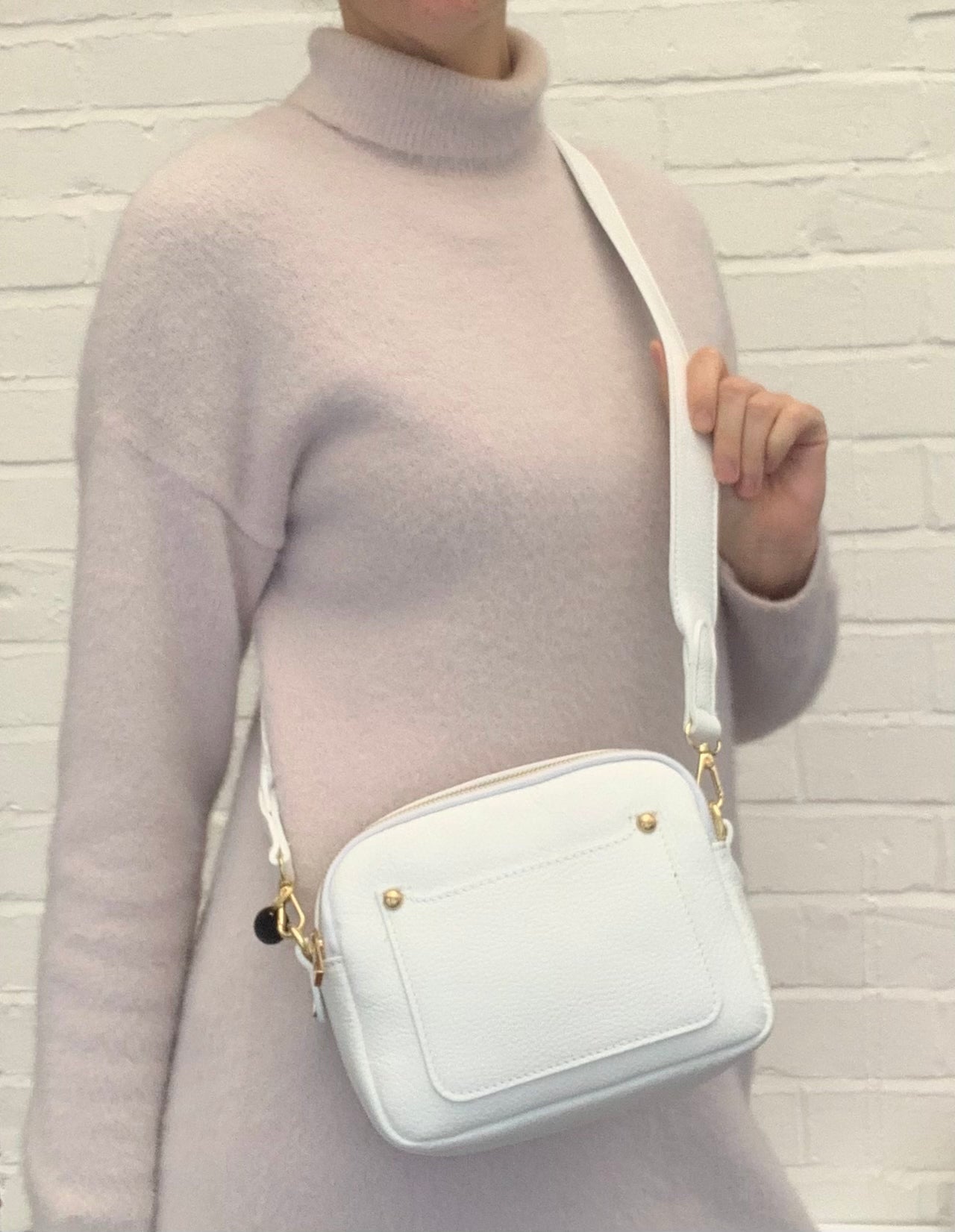 White Leather Double Zip Bag - Victoria