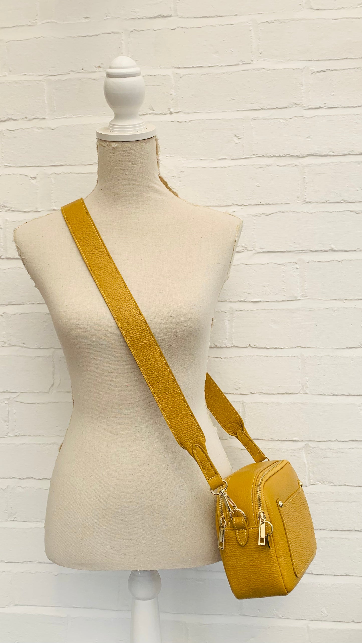 Mustard Leather Double Zip Bag - Victoria