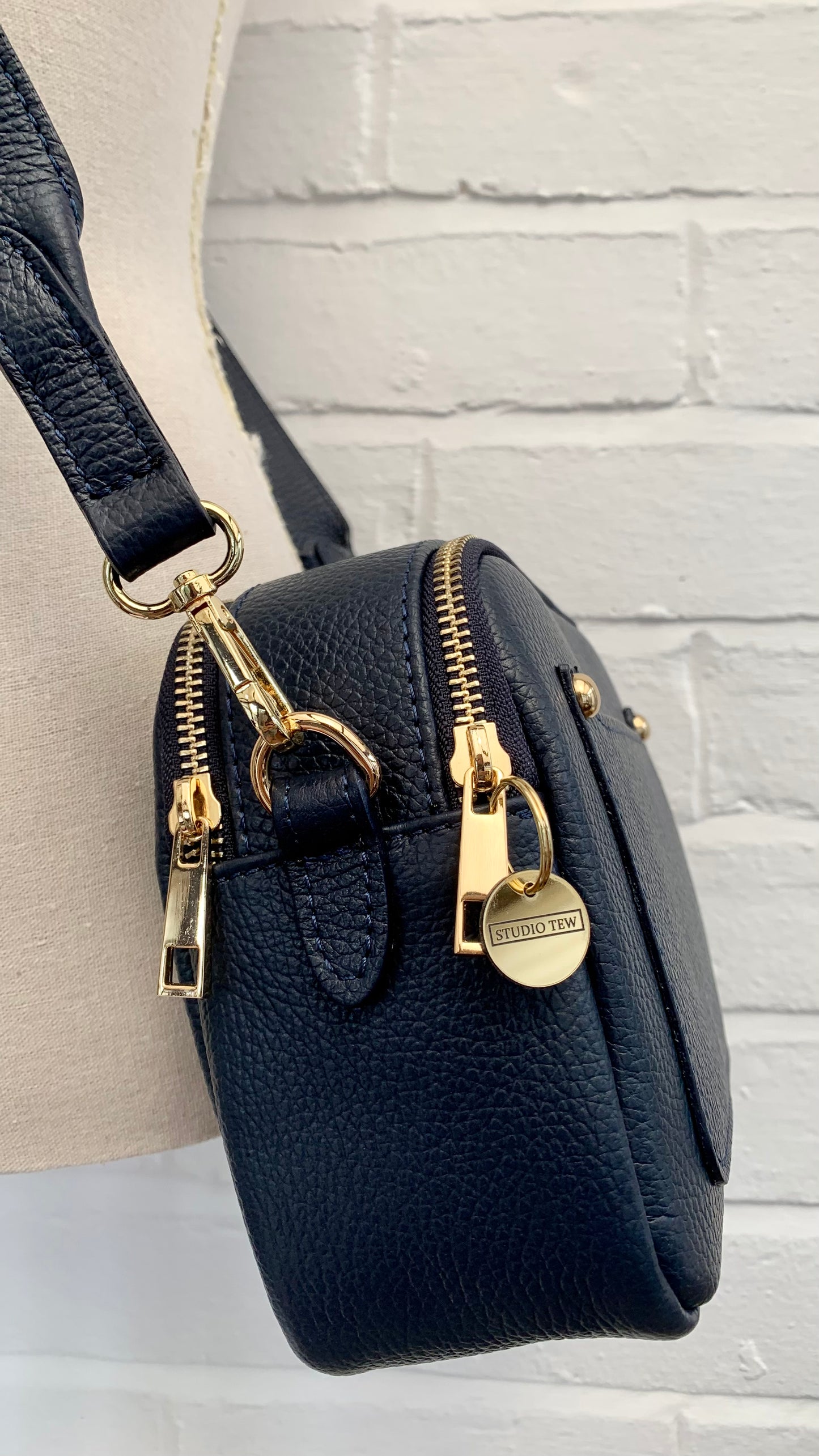 Navy Leather Double Zip Bag - Victoria