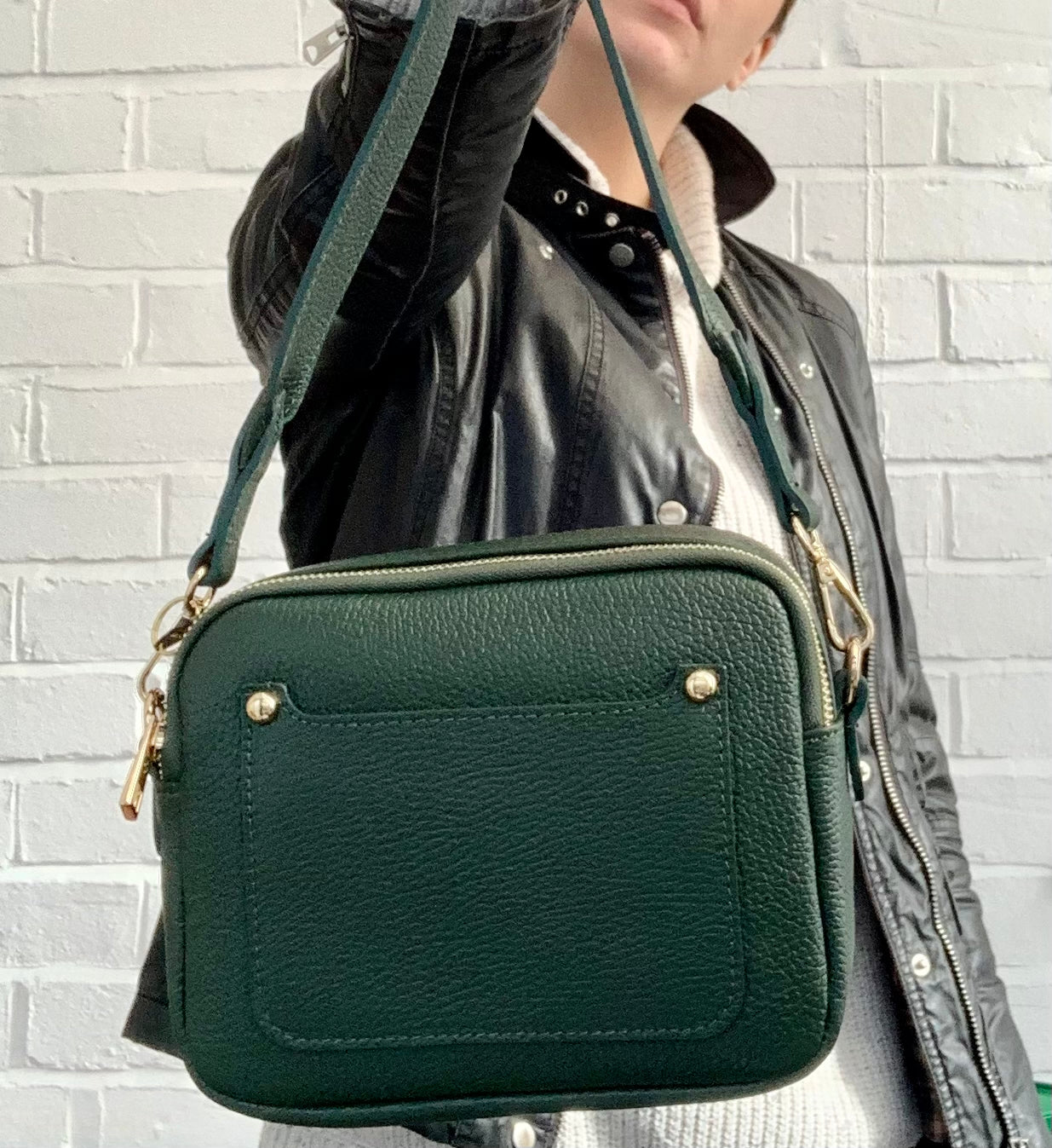 Dark Green Leather Double Zip Bag - Victoria