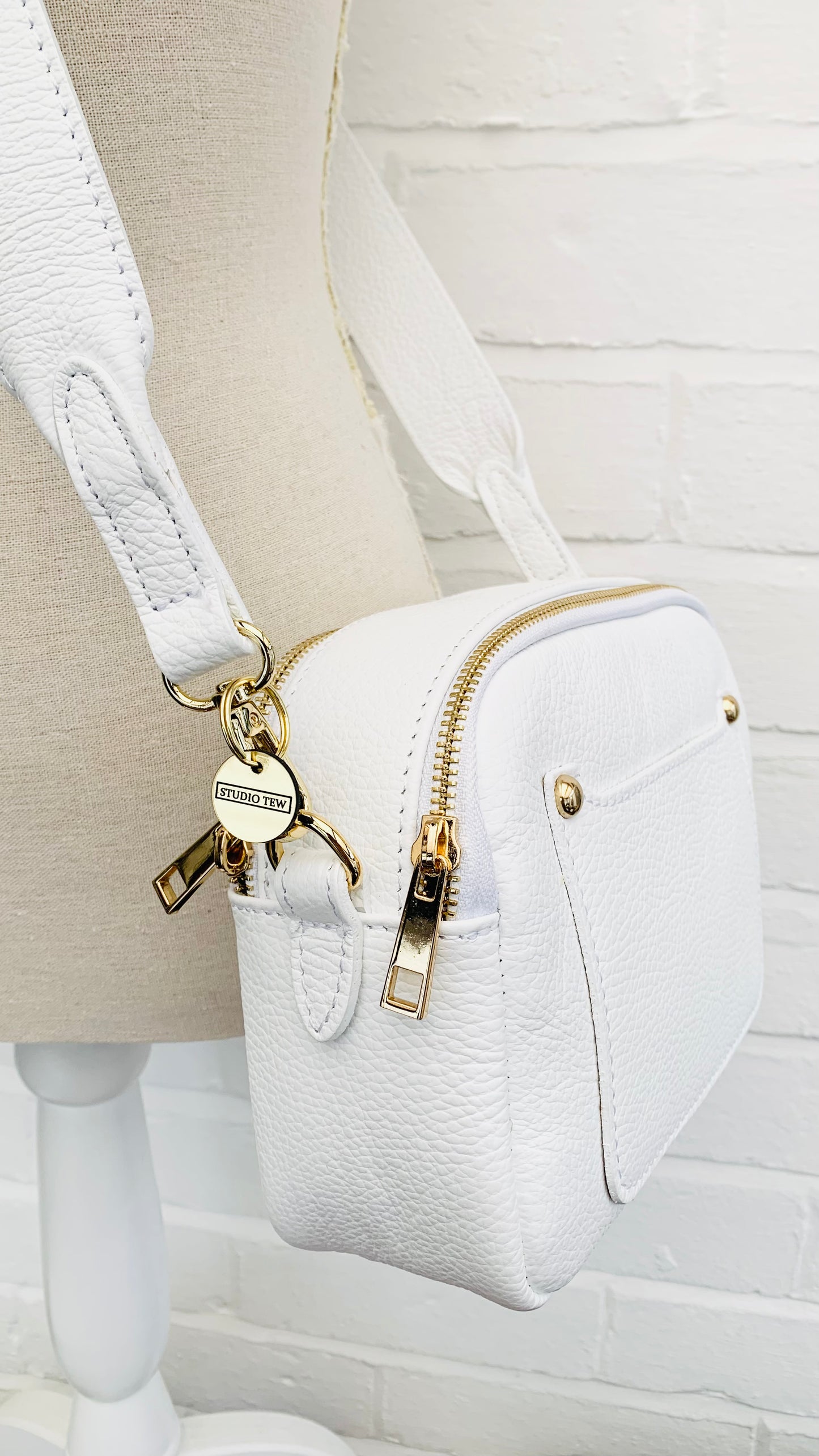 White Leather Double Zip Bag - Victoria