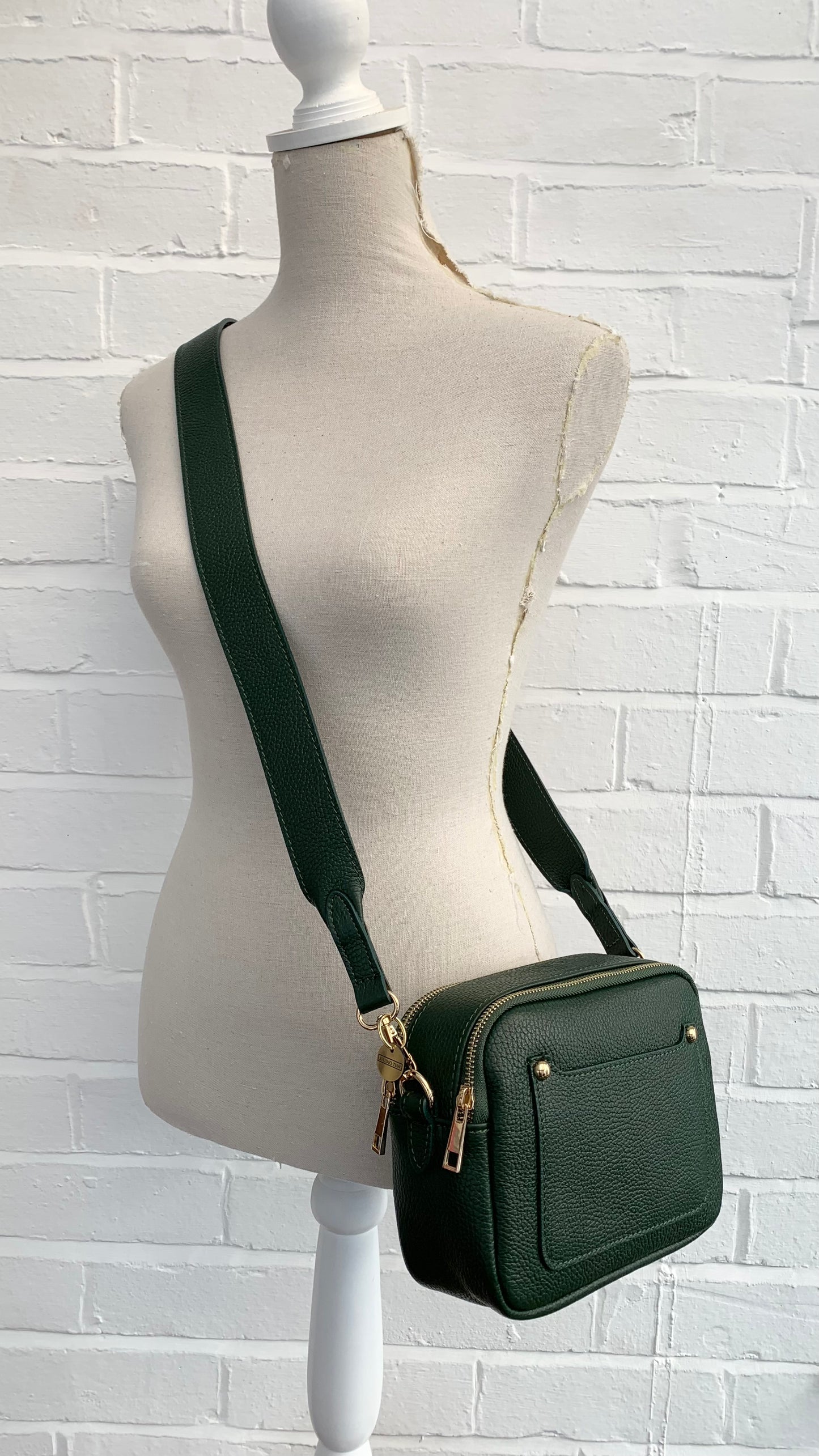 Dark Green Leather Double Zip Bag - Victoria