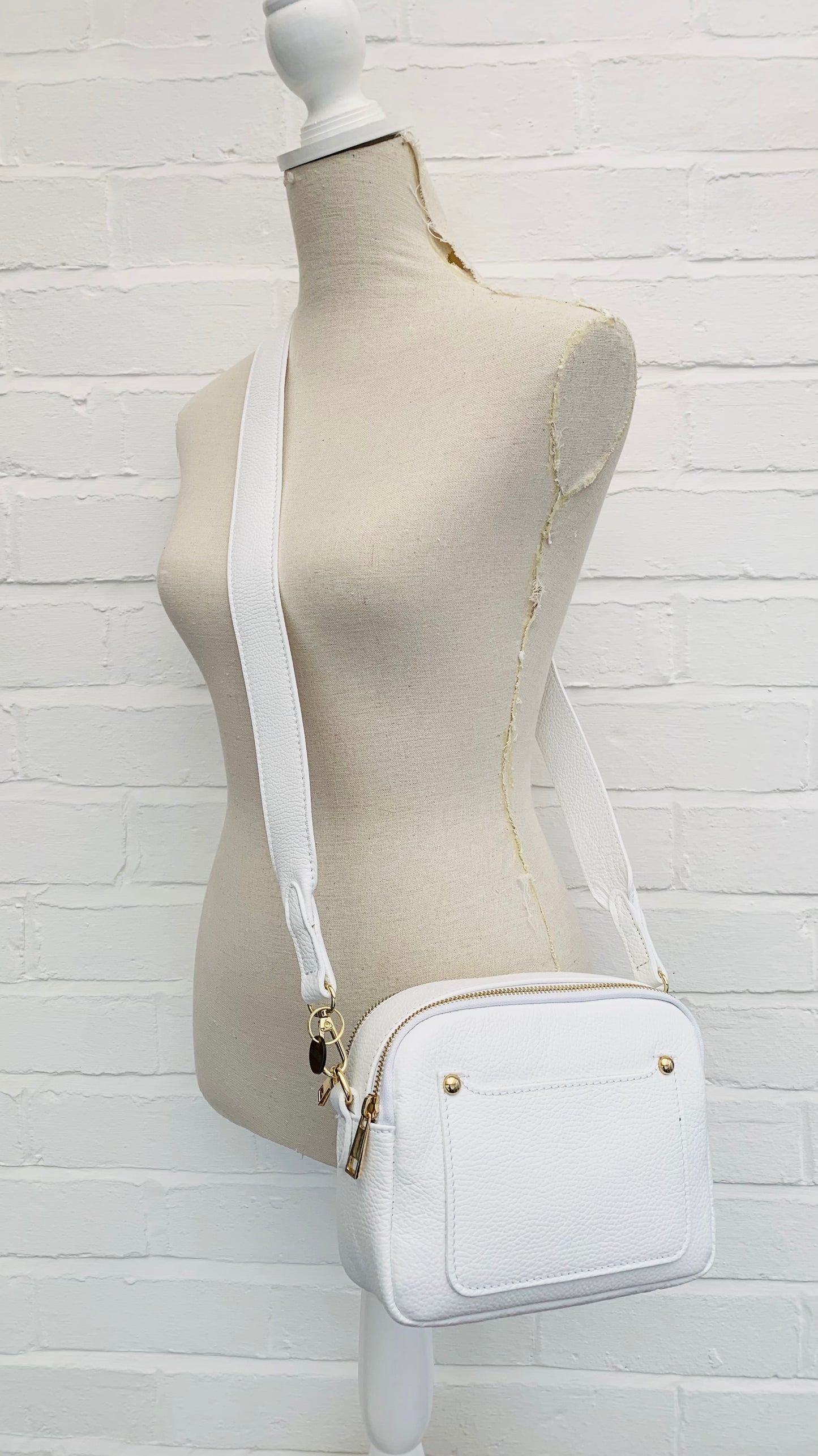 White Leather Double Zip Bag - Victoria