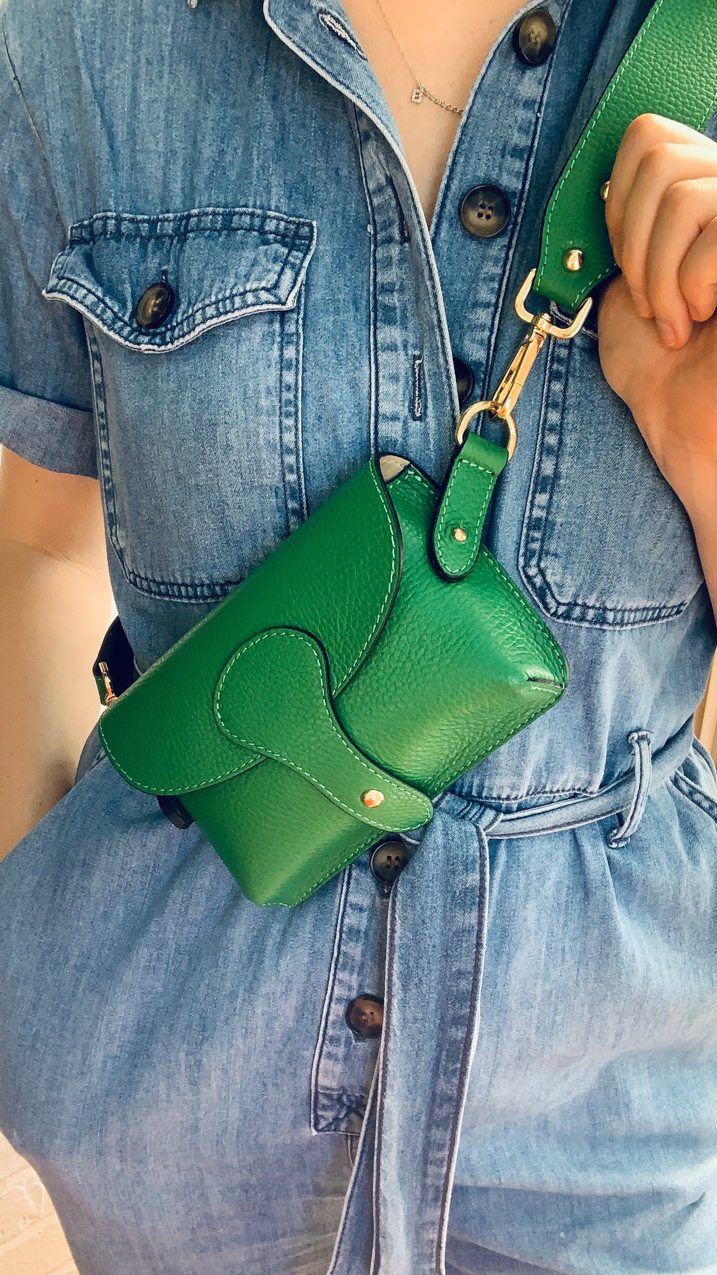 Green Leather Compact Crossbody Bag - Vogue