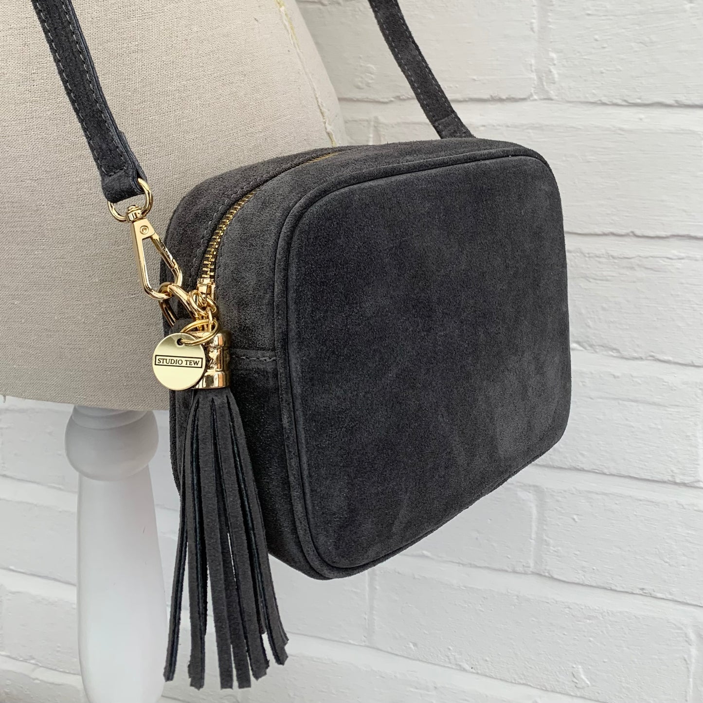 Dark Grey Suede Crossbody Bag - Jean