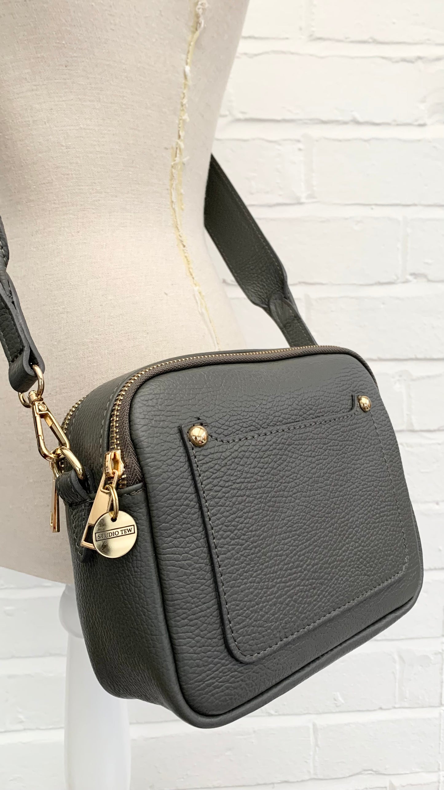 Dark Grey Leather Double Zip Bag - Victoria