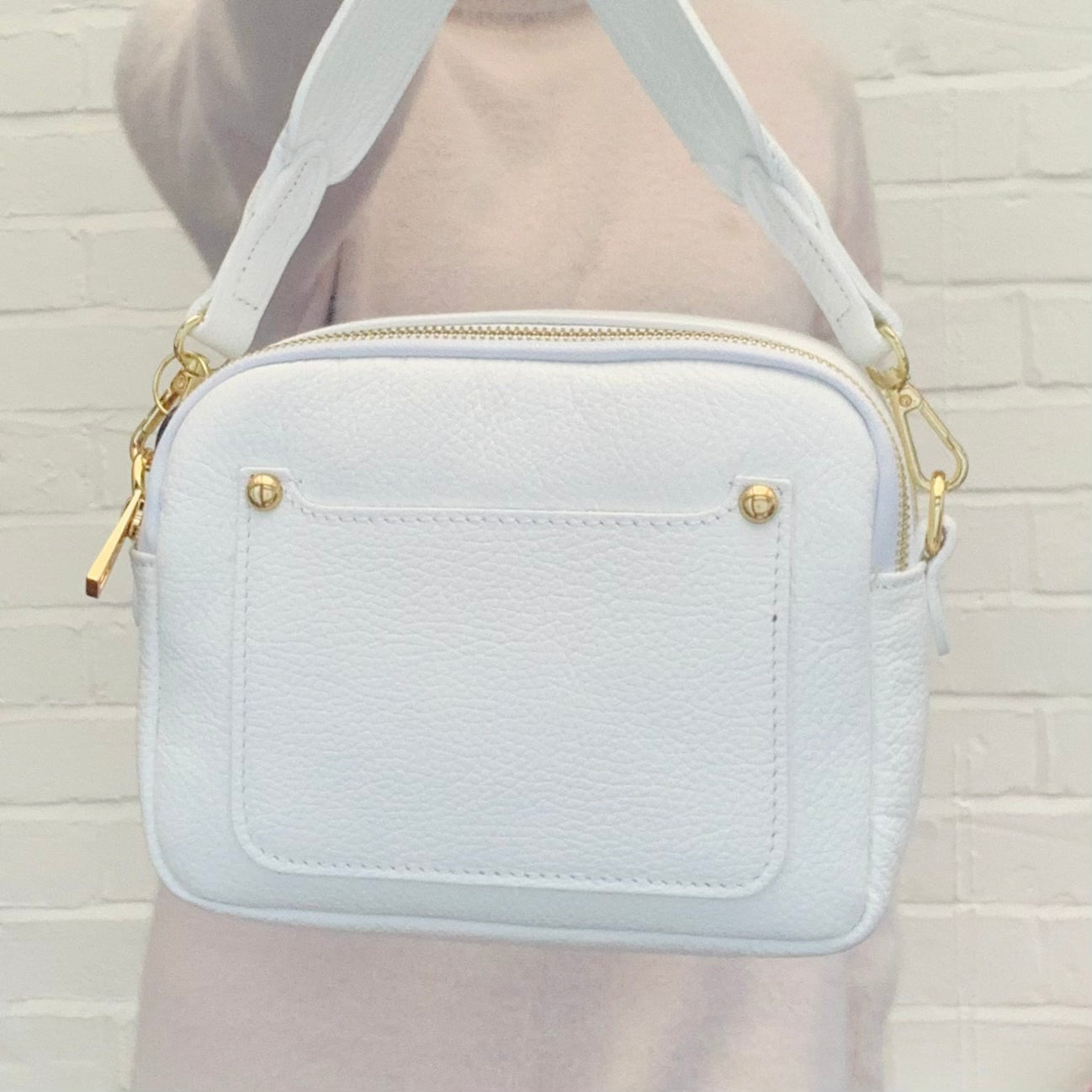 White Leather Double Zip Bag - Victoria