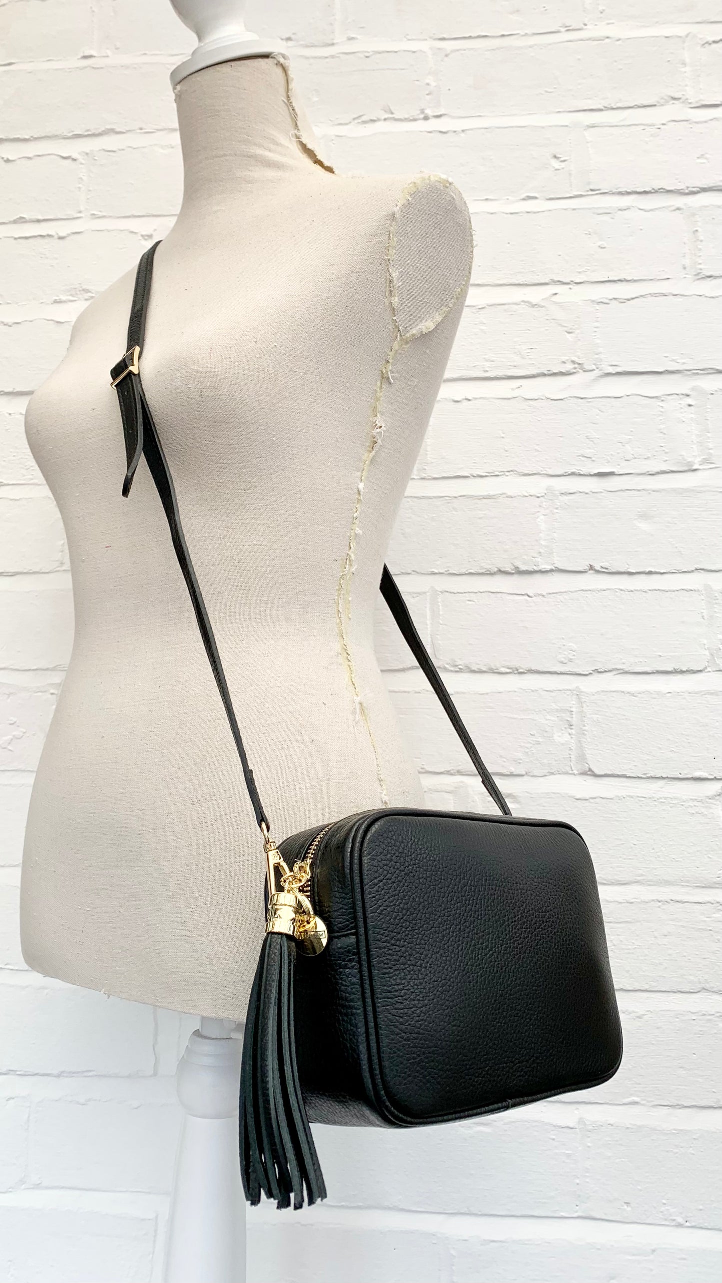 Black Leather Crossbody Bag With Tassel & Strap - Darcy