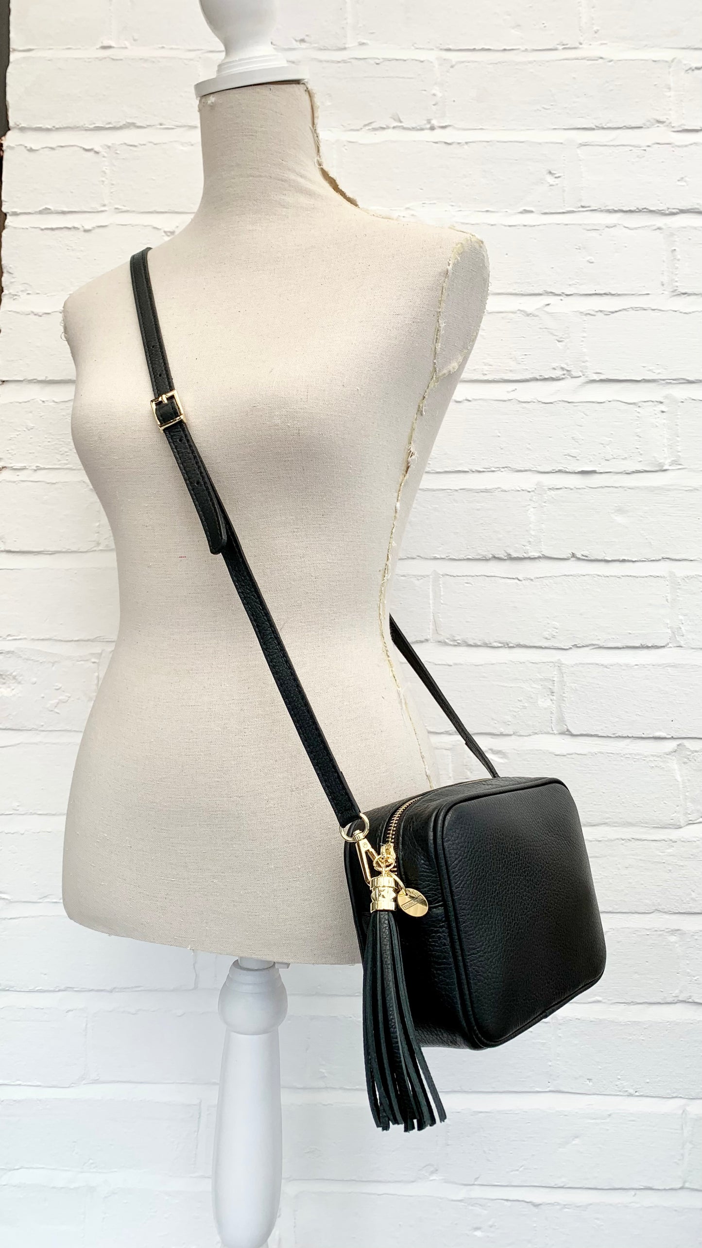 Black Leather Crossbody Bag With Tassel & Strap - Darcy