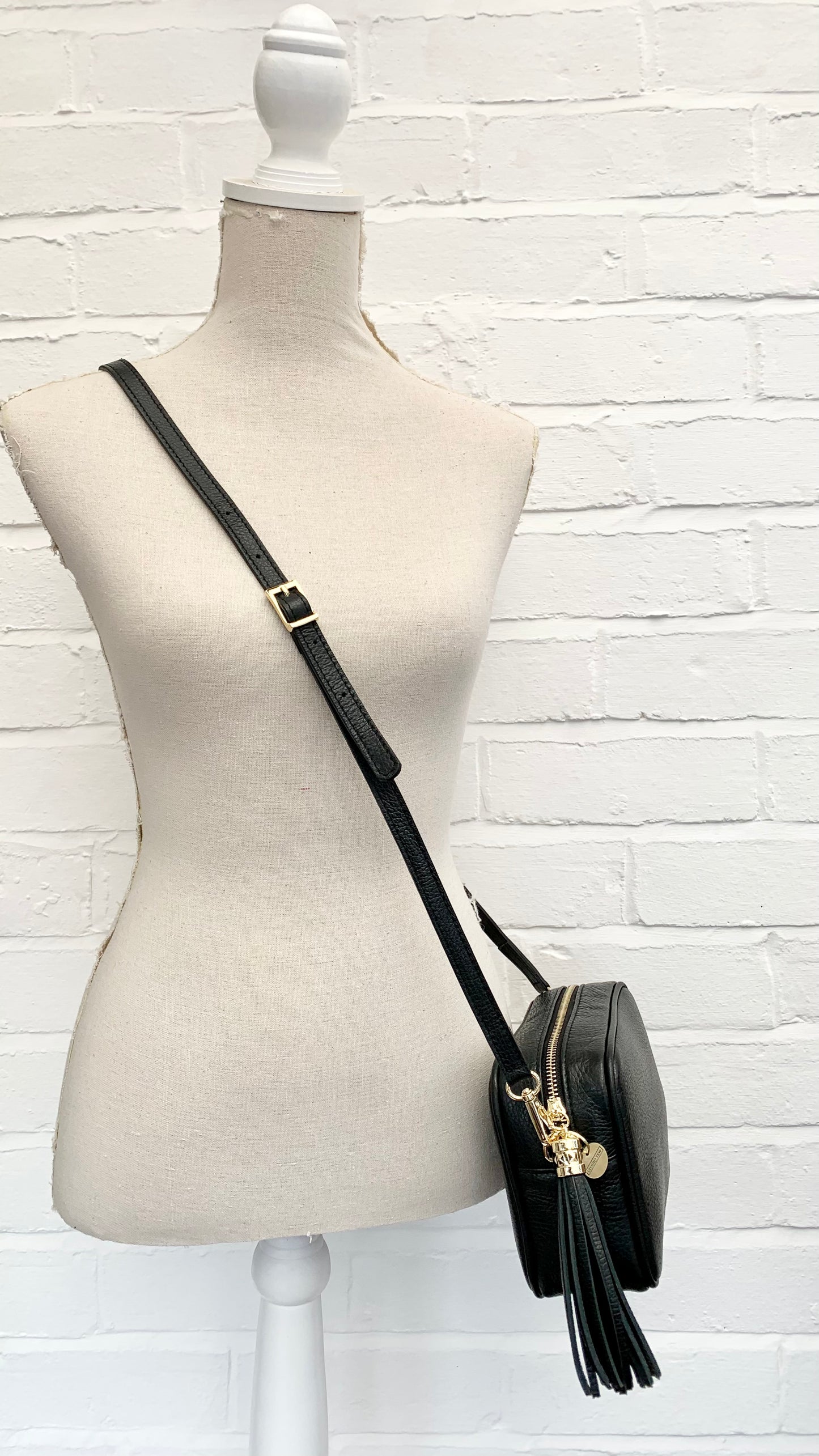 Black Leather Crossbody Bag With Tassel & Strap - Darcy