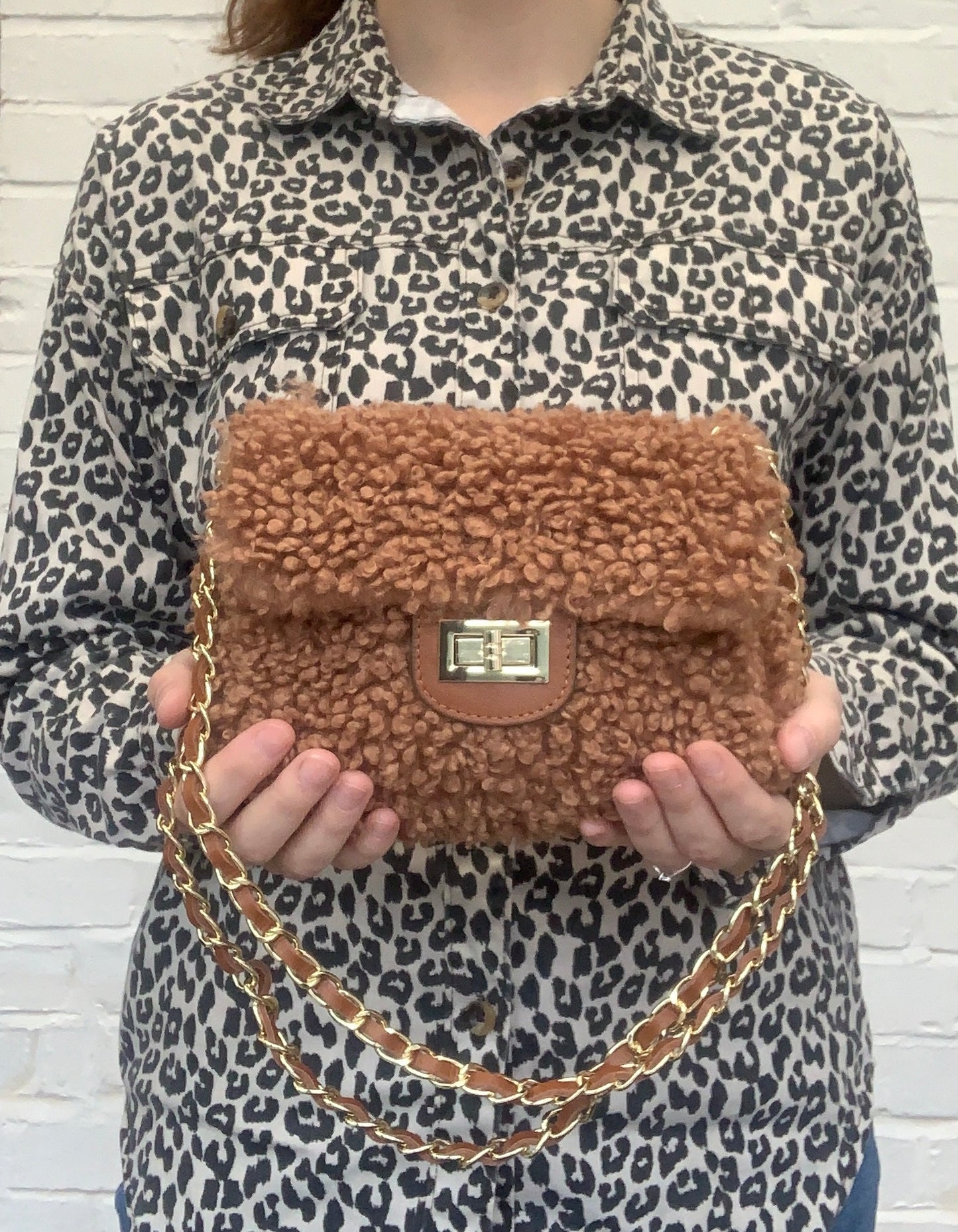 Faux Shearling And Leather Bag With Chain Handle - Willow