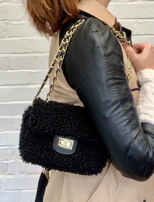 Faux Shearling And Leather Bag With Chain Handle - Willow