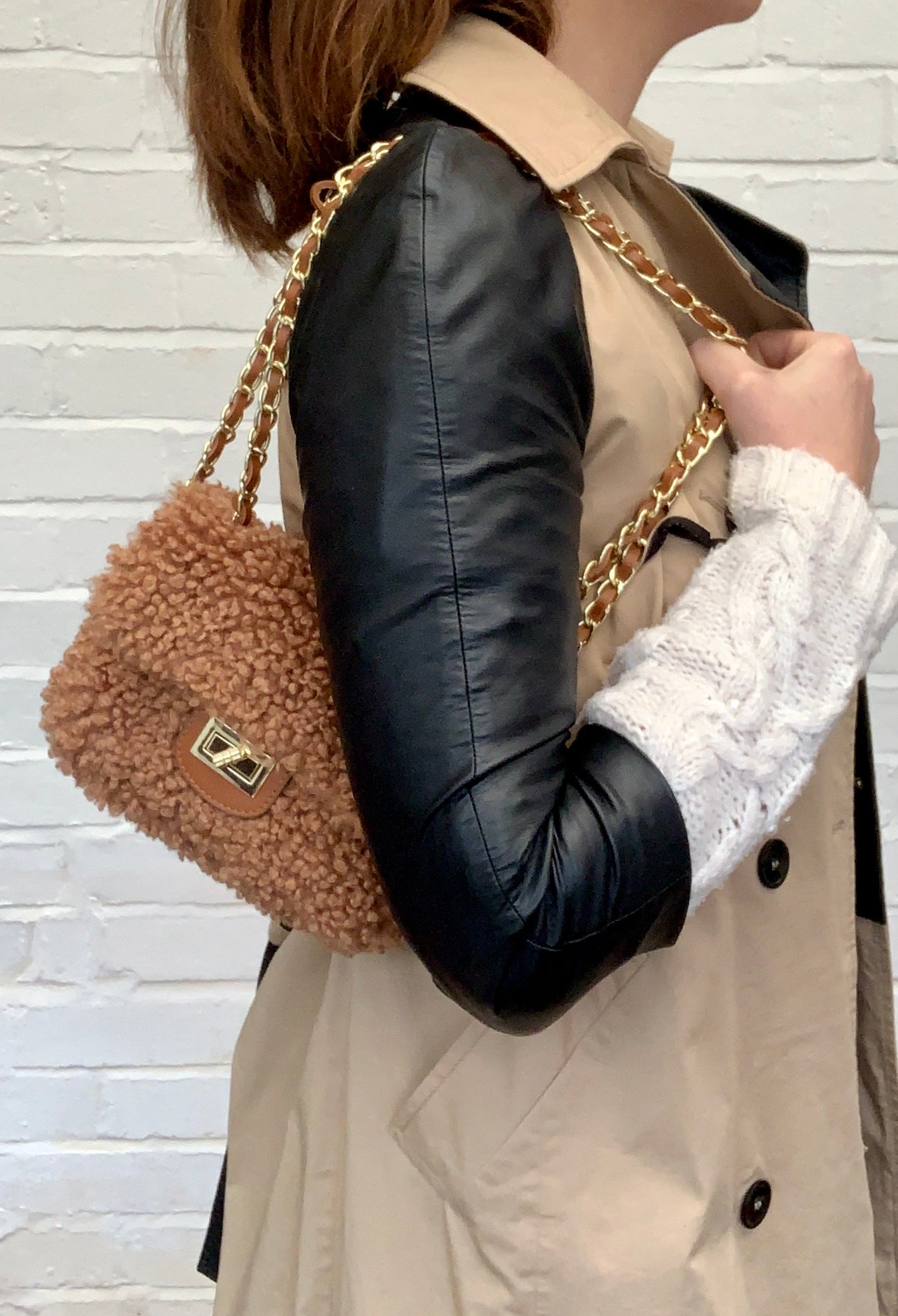 Faux Shearling And Leather Bag With Chain Handle - Willow