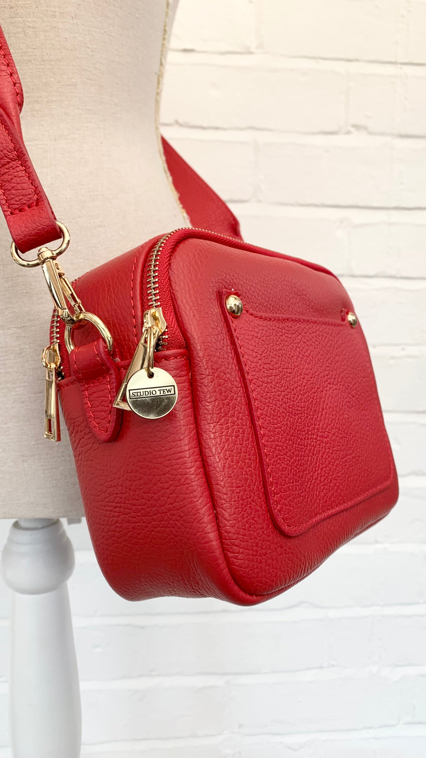 Red Leather Double Zip Bag - Victoria