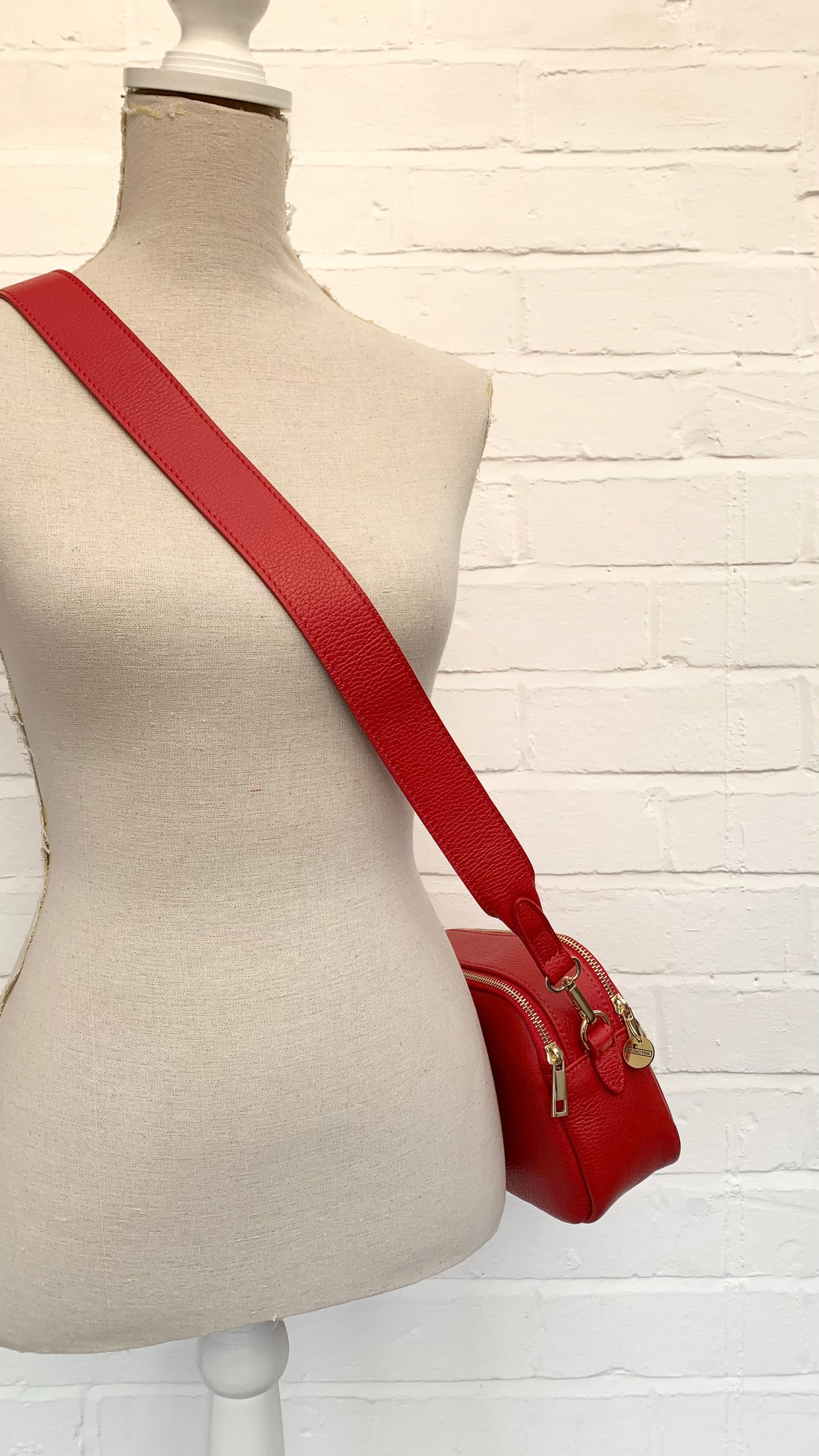 Red Leather Double Zip Bag - Victoria