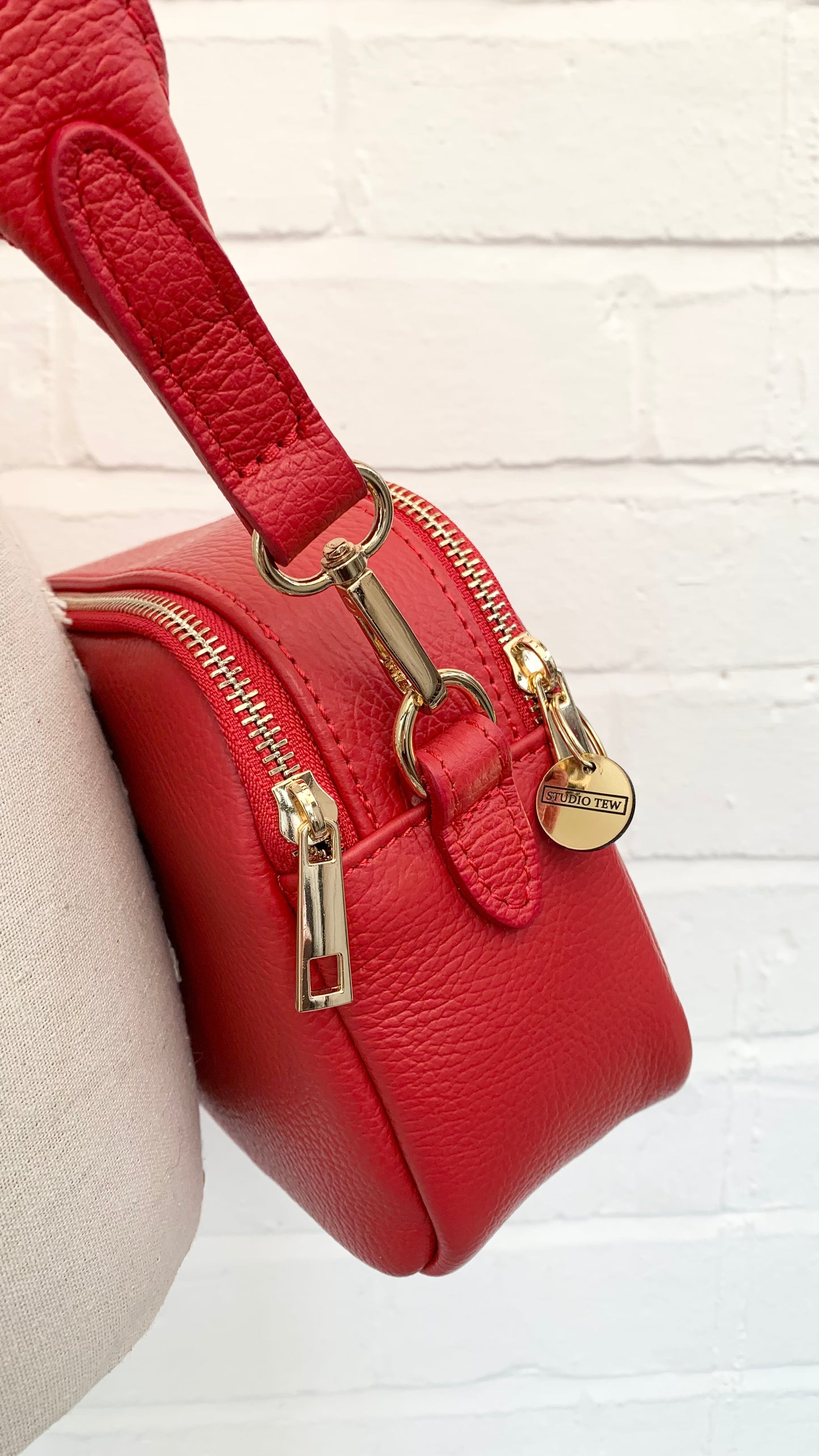 Red Leather Double Zip Bag - Victoria