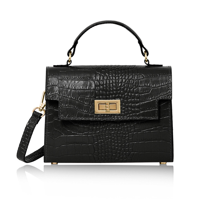 Black Crocodile Print Leather Bag - Cindy