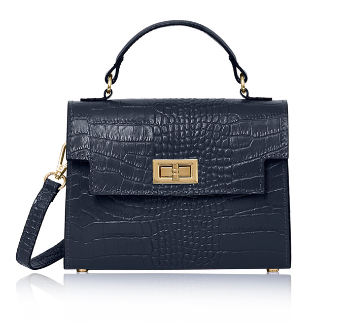 Navy Crocodile Print Leather Bag - Cindy