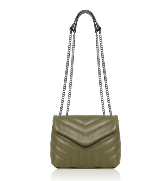 Sac en cuir matelassé vert olive avec poignée chaîne - Monaco