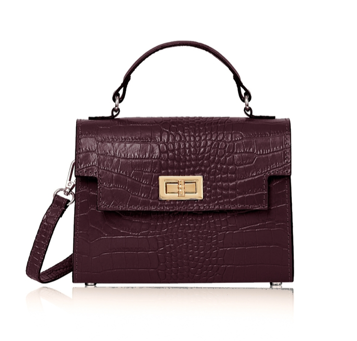 Burgundy Crocodile Print Leather Bag - Cindy