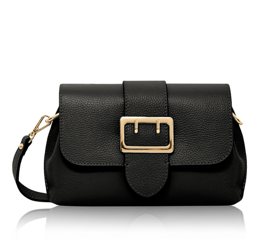 Black Spacious Leather Buckle Bag With 3 Compartments - Queenie