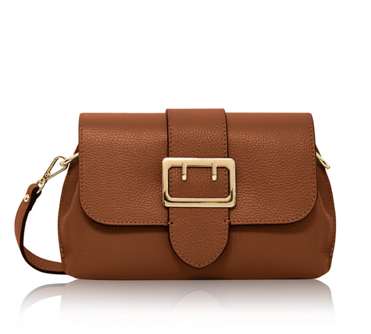 Tan Spacious Leather Buckle Bag With 3 Compartments - Queenie