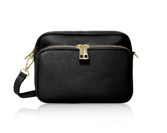 Black Leather Bag With Large Front Pocket - Robin