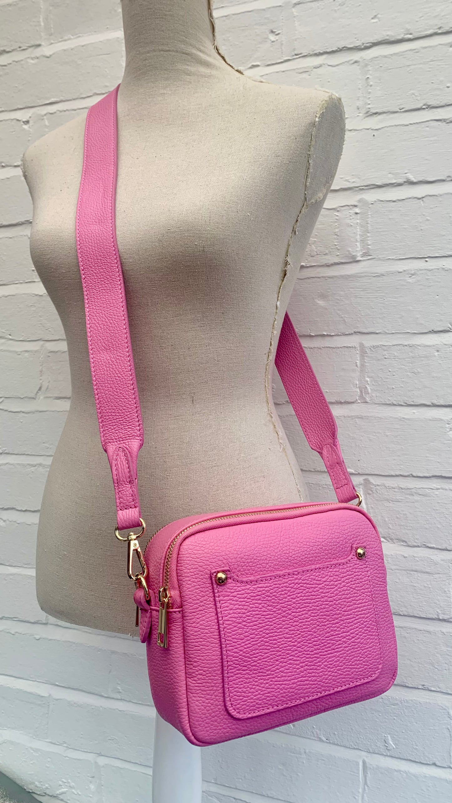 Bright Pink Leather Double Zip bag - Victoria