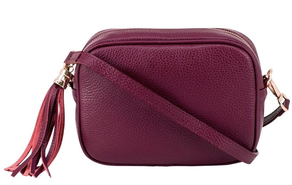 Sac Bandoulière En Cuir Rouge Prune Avec Pompon - Darcy