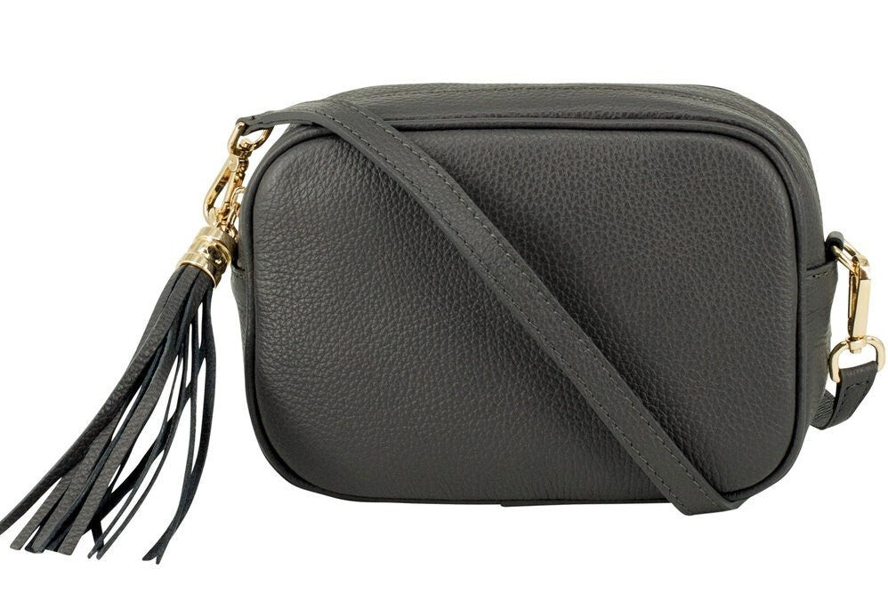 Dark Grey Leather Crossbody Bag With Tassel - Darcy