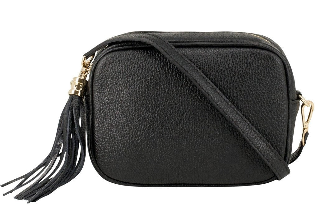 Black Leather Crossbody Bag With Tassel & Strap - Darcy