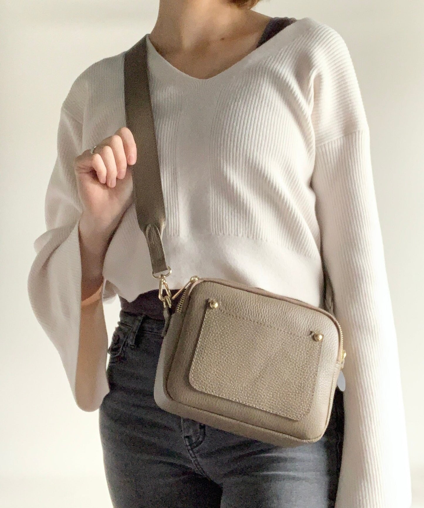 Taupe Leather Double Zip Bag - Victoria