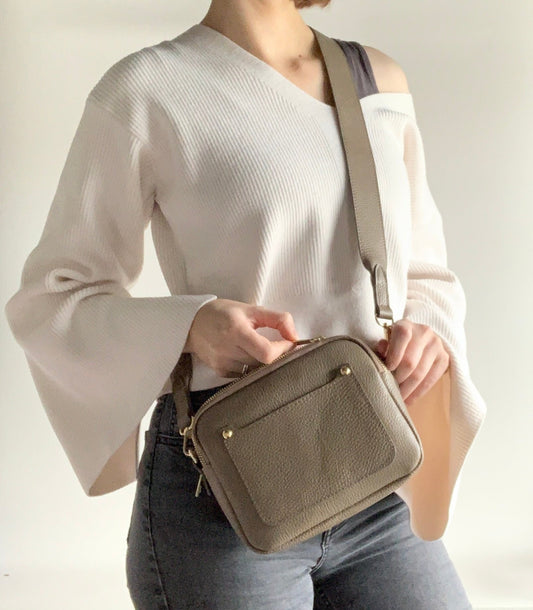 Sac Double Zip en Cuir Taupe - Victoria