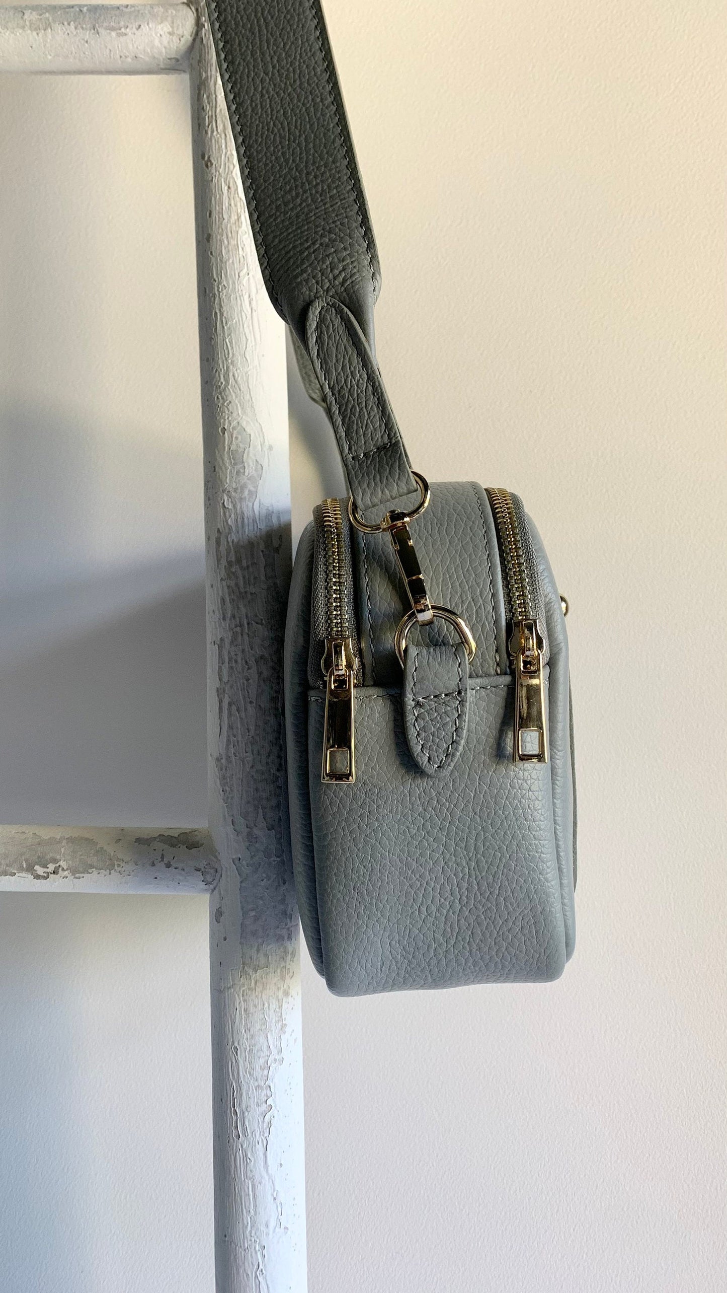 Light Grey Leather Double Zip Bag - Victoria