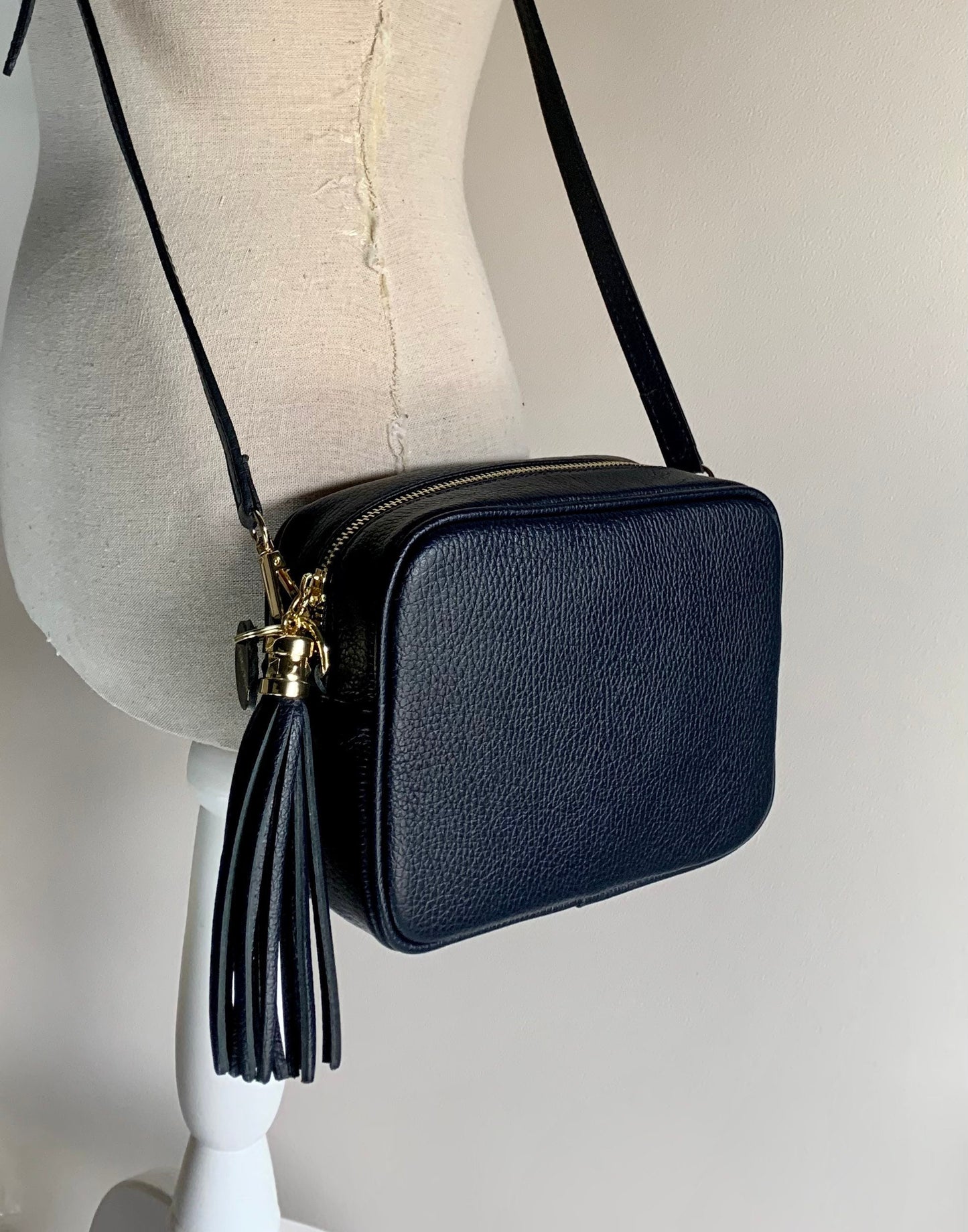 Navy Leather Crossbody Bag With Tassel - Darcy